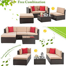 Load image into Gallery viewer, Vongrasig 5 Piece Patio Furniture Sets, All-Weather Brown PE Wicker Outdoor Couch Sectional Patio Set, Small Patio Conversation Set Garden Patio Sofa Set w/Ottoman, Glass Table, Red Pillow, Beige