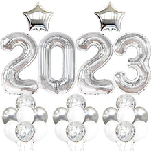 Load image into Gallery viewer, Huge, Silver 2023 Balloons Set - 40 Inch, 2023 Balloons Numbers, Confetti Balloons | Silver NYE Balloons, Happy New Year Decorations 2023 | New Years Eve Party Supplies 2023 for NYE Decorations 2023