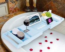 Load image into Gallery viewer, Aquaa Life Classy Blue Bathtub Tray, Expandable Bamboo Bathtub Caddy Tray, Wooden Bath Tray, Two Person Extendable Bath Tray with Wine Phone Book and Soap Holder, Luxury Bathtub Accessories Set