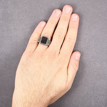 Load image into Gallery viewer, chimoda Turkish Silver Jewelry Black Onyx Stone 925 Sterling Men's Ring Striped Design (11)