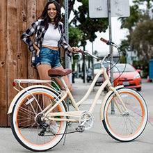 Load image into Gallery viewer, sixthreezero EVRYjourney Women's 7-Speed Step-Through Hybrid Cruiser Bicycle, 26" Wheels with 17.5" Frame, Cream with Brown Seat and Grips, Model:630034