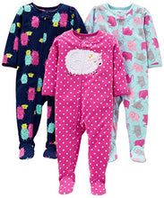 Load image into Gallery viewer, Simple Joys by Carter's Girls' 3-Pack Loose Fit Flame Resistant Fleece Footed Pajamas, Elephant/Lamb/Monster, 18 Months