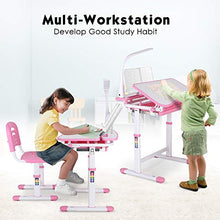 Load image into Gallery viewer, POTBY Kids Desk and Chair Set, Height Adjustable Children Study Table with Wood Tiltable Anti-Reflective Tabletop, Bookstand, Pull-Out Drawer Storage and Touch Led for School Students (Pink)
