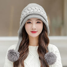 Load image into Gallery viewer, HUAMULAN Women Winter Beanie Hat Earflap Peruvian Warm Slouchy Fleece Lined 3 Pom Poms Knit Cap Sherpa Fluffy Ski Hats