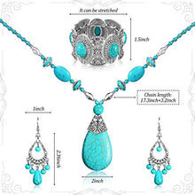 Load image into Gallery viewer, Hicarer 3 Pieces Bohemian Turquoise Set Turquoise Pendant Necklace, Vintage Turquoise Dangle Earrings, Stretchable Turquoise Bracelet for Women Statement Boho Jewelry Set