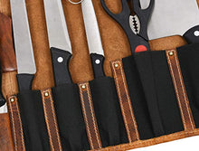 Load image into Gallery viewer, Leather Knife Roll Storage Bag | Elastic and Expandable 10 Pockets | 6 Leather Pocket | Adjustable/Detachable Shoulder Strap | Travel-Friendly Chef Knife Case Roll By Aaron Leather (Caramel, Leather)