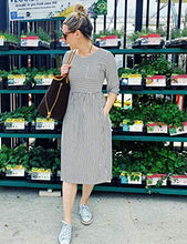 Load image into Gallery viewer, MEROKEETY Women's 3/4 Balloon Sleeve Striped High Waist T Shirt Midi Dress with Pockets