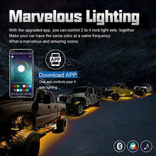 Load image into Gallery viewer, SUNPIE Upgraded 210 Degrees Wide Angle RGBW LED Rock Lights 4 Pod Lights with Phone App/Remote Control & Timing & Music Mode & Flashing & Automatic Control Neon Lights Under Off Road Truck SUV ATV