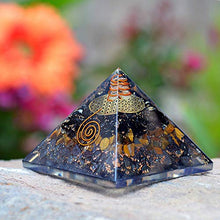 Load image into Gallery viewer, Orgonite Crystal Triple Protection Orgone Pyramid with Black Tourmaline, Tiger Eye and Hematite Crystals – Flower of Life Pyramid Dispels Negative Energy to Promote Luck and Prosperity