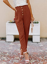 Load image into Gallery viewer, NIMIN High Waisted Pants for Women Summer Beach Pants Cotton Linen Like Pull On Pants Ladies Paper Bag Pants Work Pants with Pockets Rust Red Medium