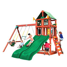 Load image into Gallery viewer, Gorilla Playsets 01-1057 Playmaker Deluxe Wooden Swing Set with Vinyl Canopy Roof, Dual Wave Slides, and Rock Climbing Wall, Redwood Stained Cedar (Amazon Exclusive)