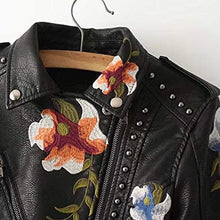 Load image into Gallery viewer, Ultramall Leather Jacket Women Casual Long Sleeve Embroidered Studded Zipper Slim Black Motorcycle Jacket Short Coat