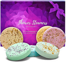 Load image into Gallery viewer, Cleverfy Aromatherapy Shower Steamers - Variety Pack of 6 Shower Bombs with Essential Oils. Mothers Day Ideas for Mom from Daughters. Purple Set Shower Steamer