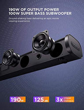 Load image into Gallery viewer, Soundbar for TV, Bomaker 190W 2.1 TV Sound Bar with Subwoofer, 125dB, 6 EQ Modes, LED Display Off, 5 Bass Adjustable Surround Sound for Home Theater, 4K & HD TV, HDMI/Optical/AUX/USB, Wall Mountable