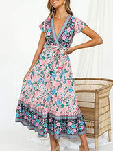 Load image into Gallery viewer, TEMOFON Women's Wrap Dresses Bohemian Floral Printed Summer Casual Short Sleeve V-Neck High Split Maxi Dress Wine Red S