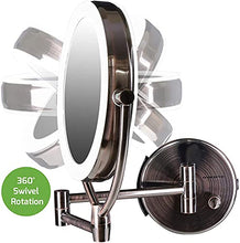 Load image into Gallery viewer, Ovente 7.5" Lighted Wall Mount Makeup Mirror, 1X & 10X Magnifier, Spinning Double Sided Round LED w/ Dimmer Switch, Extend, Retractable & Folding Arm, Battery USB Powered Antique Brass MLW75AB1X10X
