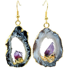 Load image into Gallery viewer, SUNYIK Natural Agate Geode Slice Quartz Druzy Dangle Earrings,with Amethyst Crystal,Gold Plated Drop Earring