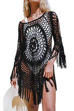 Load image into Gallery viewer, CUPSHE Women's Cover Up Black Crochet Hollow Out Tassel Swimsuit Three Quarter Sleeve, S