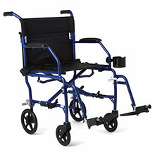 Load image into Gallery viewer, Medline Ultralight Transport Wheelchair with 19” Wide Seat, Folding Transport Chair with Permanent Desk-Length Arms, Blue Frame