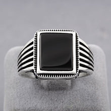 Load image into Gallery viewer, chimoda Turkish Silver Jewelry Black Onyx Stone 925 Sterling Men's Ring Striped Design (11)