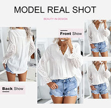 Load image into Gallery viewer, Canikat Women's Cute Fall V Neck Rekindle Eyelet Flowy Bell Long Sleeve Blouses Solid Casual Loose Ruffles Button Down T Shirts Tops White XX-Large