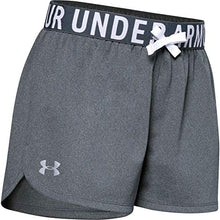 Load image into Gallery viewer, Under Armour Girls' Play Up Solid Workout Gym Shorts , Pitch Gray Light Heather (012)/Metallic Silver , Youth Medium