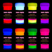 Load image into Gallery viewer, Premium Glow in the Dark Acrylic Paint Set by neon nights – Set of 8 Professional Grade Neon Craft Paints – Long-Lasting Self-Luminous Paint Handcrafted in Germany – Phosphorescent