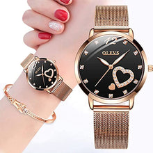 Load image into Gallery viewer, OLEVS Watch for Women Gifts Set Rose Gold and Eiffel Tower Bracelet Set Minimalist Slim Casual Dress Analog Quartz Wrist Watches for Lady Waterproof with Heart Love Shape Diamonds Black Dial Two Tone
