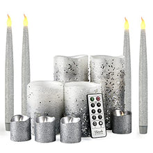 Load image into Gallery viewer, Furora LIGHTING Silver Glitter Flameless Candles Battery Operated, Remote Controlled Pillar Candles and Votive Candles Bundle with 4 Pack Silver Taper Candles with Timer for Christmas Table Decoration
