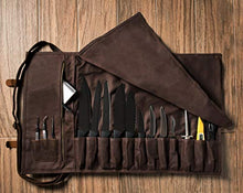 Load image into Gallery viewer, Waxed Canvas Chef Knife Roll - 15 Knife Slots, Card Holder and Zippered Pocket - Genuine Leather and Brass Buckles - Knives Not Included (Brown)