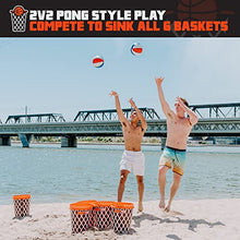 Load image into Gallery viewer, BasketPongβ’ Giant Yard Pong X Basket Ball Game with Durable Balls and Buckets - Outdoor Game for Lawn, Backyard and Beach - Set Includes 12 Buckets, 2 Basket Balls and a Carrying Bag