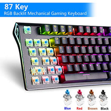 Load image into Gallery viewer, RGB Mechanical Keyboard 87-Key RGB LED Backlit Wireless Bluetooth 3.0 /USB Wired Multi-Media Mechanical Gaming Keyboard for PC/Smartphone/Laptop (Rechargeable Battery) Black Blue Switch