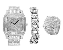 Load image into Gallery viewer, Bling-ed Out Diamonds Shining Everywhere Silver Hip Hop Sq Watch Cuban Bracelet with Ring Set-L0513 (11, Silver)
