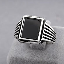 Load image into Gallery viewer, chimoda Turkish Silver Jewelry Black Onyx Stone 925 Sterling Men's Ring Striped Design (11)