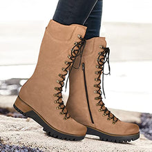 Load image into Gallery viewer, Fullwei Boots for Women,Women Platform Cowboy Boot Steel Toe Ladies Mid Calf Combat Western Lace Up Cowgirl Motorcycle Riding Boot Walking Shoe (Khaki, 8.5)