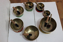 Load image into Gallery viewer, Chakra Healing Tibetan Singing Bowls Set of 7 pieces ~ Hand Hammered Himalayan Meditation Bowls ~ 5"-10" ~ included 7 Mallets, 7 cushions & 1 drum stick. Handmade in Nepal by Thamelmart