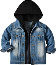 Load image into Gallery viewer, Cromoncent Kids Boys Casual Long Sleeve Button Down Denim Jacket Outwear with Pockets Hooded Black 12-18M