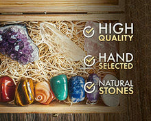 Load image into Gallery viewer, Crystalya Premium Grade Crystals and Healing Stones in Wooden Display Box - 7 Tumbled Chakra Gemstones, Amethyst Crystal, Rose Quartz, Quartz Crystal Point + Guide & Instructions - Gift Kit