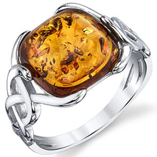 Load image into Gallery viewer, Sterling Silver Baltic Amber Irish Celtic Design Ring with Cognac Color Large Cushion Shape Stone 7