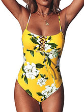 Load image into Gallery viewer, CUPSHE Women's One Piece Swimsuit Yellow Floral Print Lace Up Bathing Suit, XS
