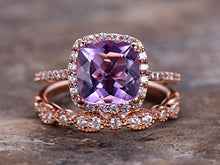 Load image into Gallery viewer, 2pcs Amethyst wedding ring set!8mm Cushion Engagement ring,petite rose gold plated,925 sterling silver stacking CZ Bridal ring,matching band,Women Halo ring,Man Made diamond CZ ring,any size