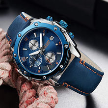 Load image into Gallery viewer, MEGIR Men Business Analogue Quartz Watch with Fashion Blue Leather Strap Chronograph Luminous Auto Calendar for Sport & Work 2074 Blue