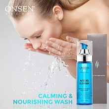 Load image into Gallery viewer, Onsen Japanese Aloe Vera Face Wash - Premium Nightly Facial Cleanser for Makeup Removal, Heals Dry & Sensitive Skin, Hyaluronic Acid, Curry Leaf Oil, Vitamin C & E, Gel Cleanser - 5.6 fl oz/165 ml