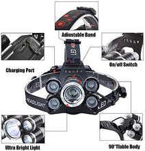 Load image into Gallery viewer, Headlamp 12000 Lumen Ultra Bright CREE LED Work Headlight Micro-USB Rechargeable, 4 Modes Head Lamp Waterproof Headlamps for Camping Hiking Hunting Hard Hat Workers