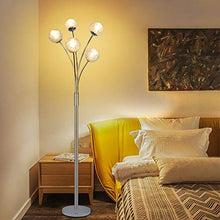 Load image into Gallery viewer, Modern Globe LED Floor Lamps for Living Room-DLLT Standing Lamps with 5 Lights for Bedroom, Tall Pole Tree Accent Lighting for Mid Century, Contemporary Home, G9 Bulb(Not Included) Glass Shade Silver
