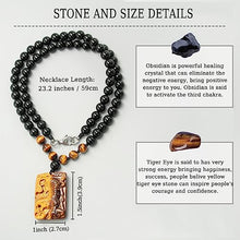 Load image into Gallery viewer, Natural Crystal Tigers Eye Necklace - Black Obsidian Beaded Protection Necklace, Hand Carved Tiger Necklace Lucky Amulet Gift for Men