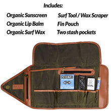 Load image into Gallery viewer, Open Road Goods Surf Travel Kit & Surfer Gift Set - Surf Accessory with Fin Storage, Reef Safe All Natural Sunscreen Face Stick, Surf Wax, Organic Lip Balm & Surf Tool Wax Comb (Green, Matunas- Warm)