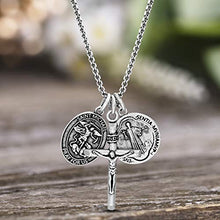 Load image into Gallery viewer, Steve Madden Men's Oxidized Saint Benedict, Crucifix, and Saint Michael Trio Pendant Chain Necklace for Men in Stainless Steel, Silver, 28