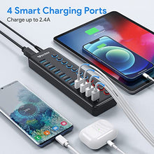 Load image into Gallery viewer, Powered USB 3.0 Hub, Wenter 11-Port USB Data Hub Splitter with 4 Smart Charging Ports and Individual LED On/Off Switches and 12V/3A Power Adapter USB Extension for Mac,Windows,Chrome & Linux OS
