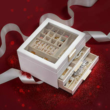 Load image into Gallery viewer, SONGMICS Jewelry Box with Glass Lid, 3-Layer Jewelry Organizer with 2 Drawers, for Loved Ones, White UJBC239WT